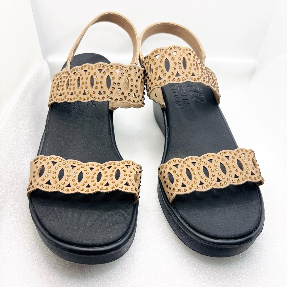 Skechers Cali Wedge Sandals Rhinestone Embellished Straps Taupe Size 11 Tan